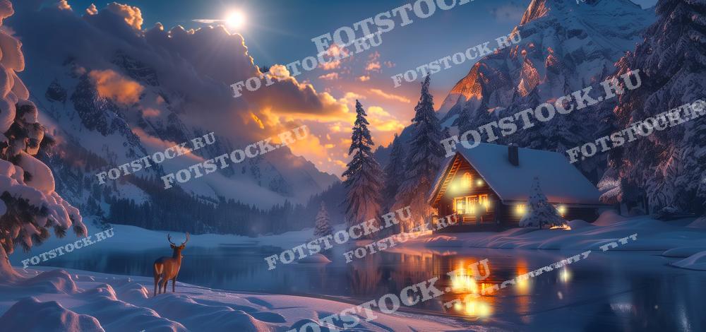 На фотографии изображен зимний вечер в горах. Хижина, стоящая у замерзшего озера, освещена изнутри теплым светом, который отражается в ледяной воде. На переднем плане виден олень, стоящий на заснеженном берегу озера. Величественные горы на заднем плане окутаны вечерним светом и облаками, добавляя драматичности пейзажу. Зимняя сцена выглядит волшебной и спокойной.
